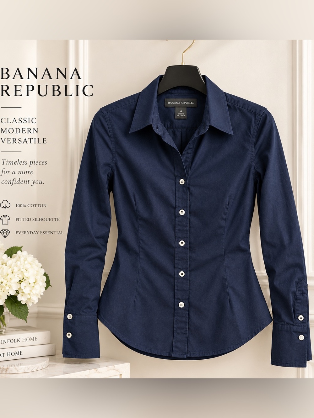 NWOT Banana Republic Navy Fitted Button Down Shirt Size 4